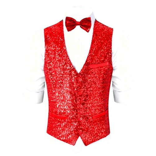 Pixiemain Sequin Vest Party Formal V-neck Shiny Waistcoat Bowtie Set for Wedding Events Mardi Gras St Patricks day Carnival