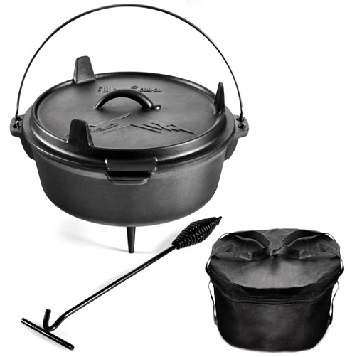 Uno Casa 6Qt Cast Iron Camping Dutch Oven with Lid Lifter and Storage Bag - Pre-Seasoned Outdoor Dutch Oven for Campfire Cooking, Stews, and Baking - Durable Cast Iron Pot for Camping and Hiking