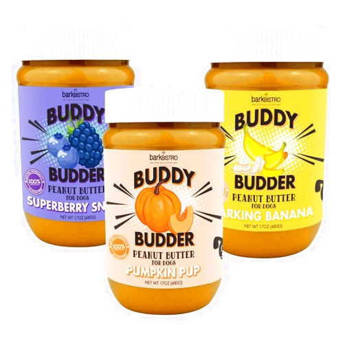 BUDDY BUDDER Bark Bistro Company, Superberry Snoot + Barkin Banana + Pumpkin Pup, 100% Natural Dog Peanut Butter, Healthy Dog Treats - Made in USA (Set of 3 / 17oz)