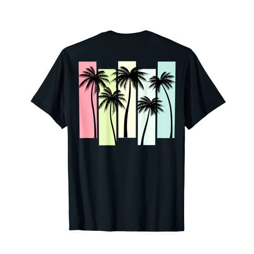 Dibble Dabble Designs On Back Retro Art Deco Summer Vacation Tropical Palm Trees T-Shirt