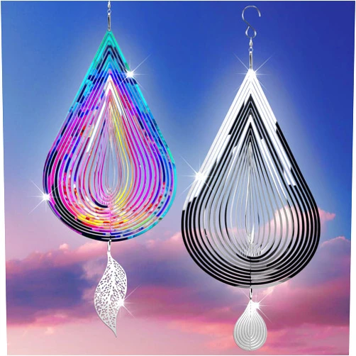 Yuegool 2 Pieces Wind Spinners,3D Water Drop Hanging Decorations Flowing-Light Metal Stainless Steel Decor for Yard Garden Balcony Indoor Outdoor(Silver)