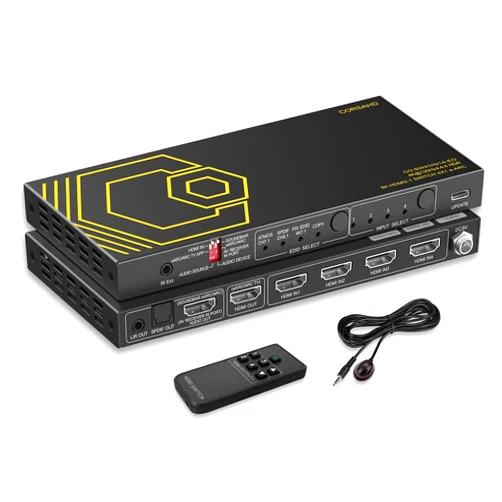 CORSAHD 8K@60Hz 4K@120Hz HDMI2.1 Switch 4 in 1 Out with eARC,ARC Audio Extractor,7.1Ch,SPDIF 5.1Ch,48Gbps,HDCP2.3 Bypass,VRR,IR,3D,HDR 10,Dolby Atmos,Compatible with QLED TV,PS5,Xbox,Sonos Soundbar,Apple TV