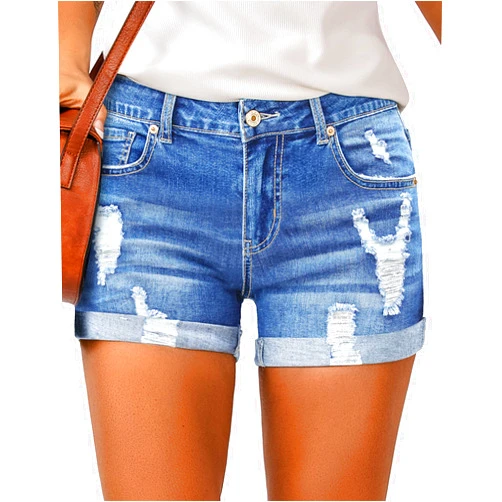 LookbookStore Women's High Waisted Rolled Hem Distressed Jeans Ripped Denim Shorts