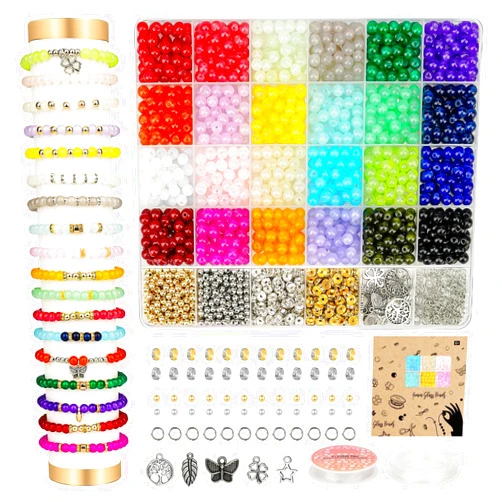 Sistenia 6mm Glass Beads Bracelet Making Kit 1400pcs, 24 Colors Crystal Beads for Jewelry Making Round Beads DIY Crafts with Spacer Beads Charms Accessories