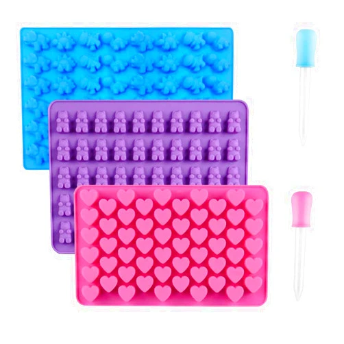 RUUKON 3 Pack Silicone Chocolate Molds, Reusable Candy Baking Mold Ice Cube Trays Candies Making Supplies with 2 Droppers, Nonstick Silicone Gummy Molds Including Mini Dinosaur, Hearts, Bear Shape
