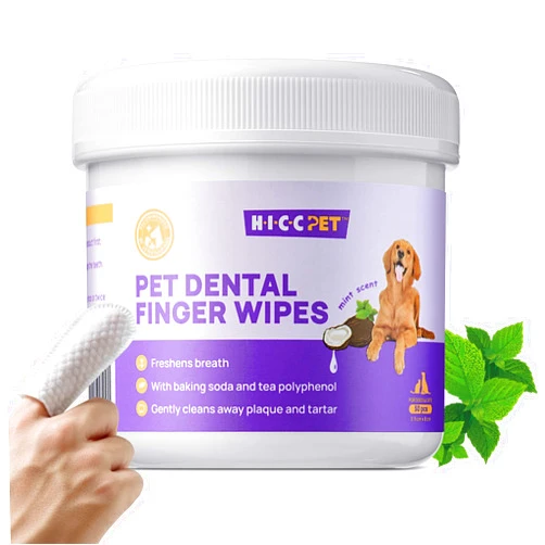 HICC PET Teeth Cleaning Wipes for Dogs & Cats, Remove Bad Breath by Removing Plaque and Tartar Buildup, Disposable Dog Finger Toothbrush Gentle Pet Dental Care Wipes, 50 Counts, (Mint Scent)