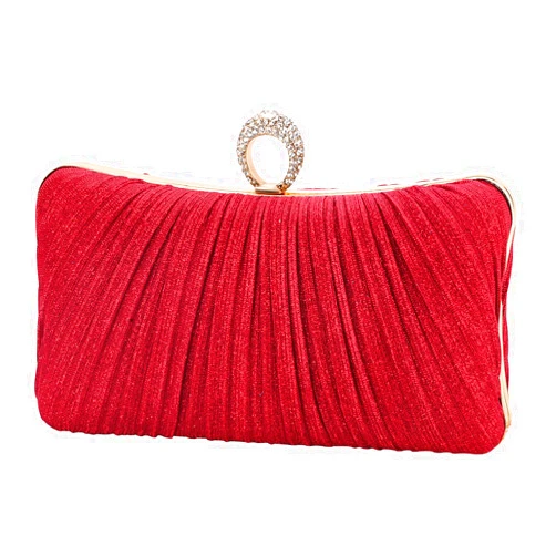IWISH Womens Red Glitter Clutch Purse Pleated Evening Bag for Bridal Wedding Party with Rhinestone Ring