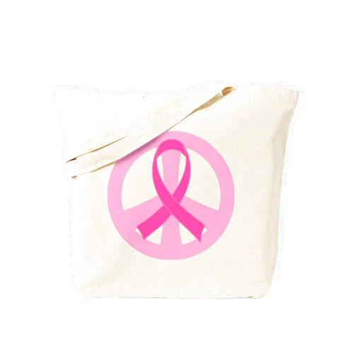 CafePress Pink Ribbon Peace Sign Breast Canc Reusable Natural Beige Canvas Shopping Bag