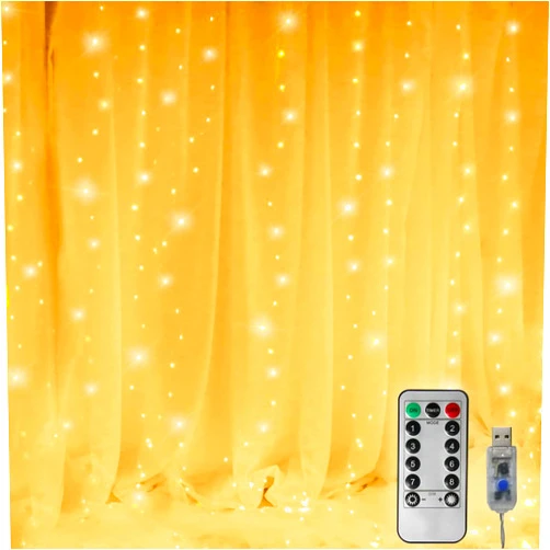 Vicila Curtain Lights 300 LED String Lights, Window Hanging Lights USB Powered 8 Lighting Modes & Timer Remote Dimmable Copper Lights for Bedroom, Home, Party, Wall Decor-9.8ft x 9.8ft(Warm White)