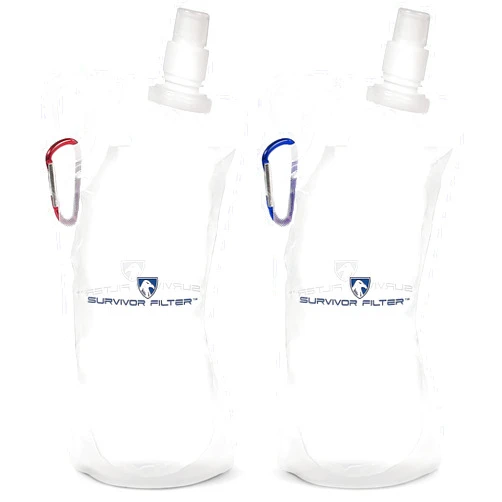Survivor Filter 1L Clear Collapsible Water Bottles - Travel, Hiking, Foldable, BPA-Free - 2 x 33oz