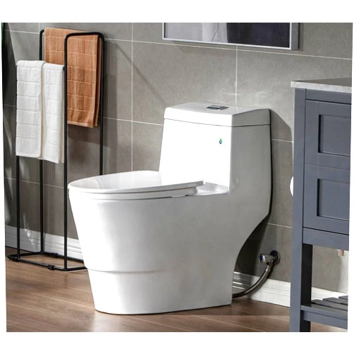 WOODBRIDGEE One Piece Toilet with Soft Closing Seat, Chair Height, 1.28 GPF Dual, Water Sensed, 1000 Gram MaP Flushing Score Toilet with Chorme Button, White,B0940-F-C