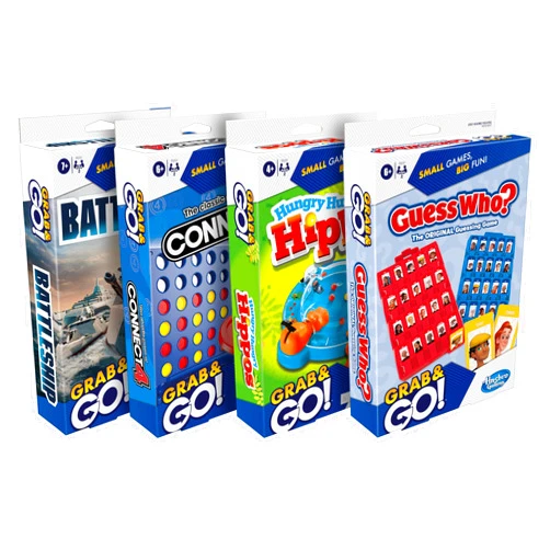Hasbro Grab and Go! Bundle (4 Pack), Kids Travel Board Games, Battleship, Connect 4, Guess Who?, Hungry Hungry Hippos Games, 2 Players, Easter Gift for Kids, Ages 7+