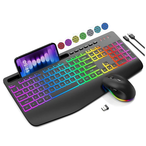 SABLUTE Wireless Keyboard and Mouse Combo, 9 Backlit Effects, Wrist Rest, Phone Holder, 2.4G Lag-Free Ergonomic Keyboards, Rechargeable Silent Cordless Set for Computer, Laptop, PC, Mac, Windows -SABLUTE