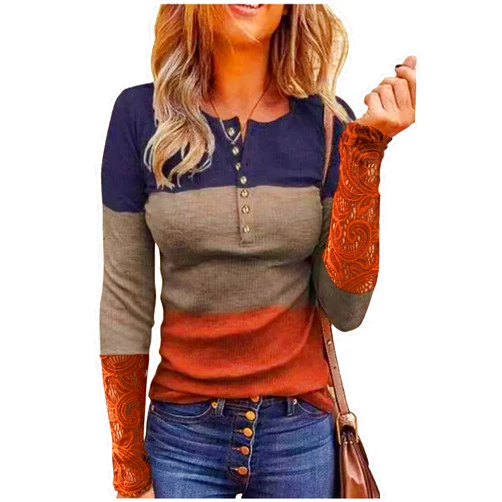 CHUNTIANRAN Long Sleeve Tunic Tops for Women Sexy Lace Hollow Out V Neck Blouse Casual Color Block Button Down Henley Shirts Tops
