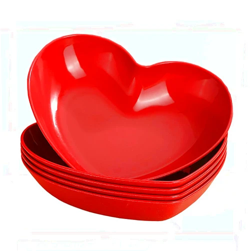 Golandstar BPA Free Plastic 5pcs Set Heart Shaped Dinner Plates Dinnerware Dishes Set 8.5 Inch Food Plate Saucers Tray Fruits Snack Bowls Saucer, Red, GRB1030B