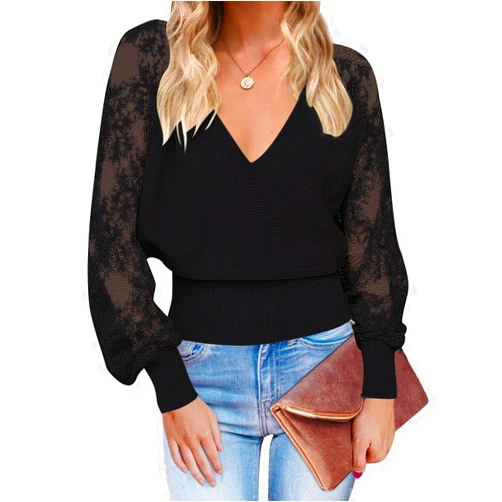 MEROKEETY Women's 2024 V Neck Lace Long Sleeve Ribbed Knit Sweater Solid Color Pullover Tops