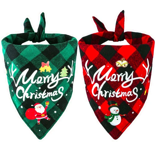 Viretec Christmas Dog Bandanas 2 Pack, Classic Plaid Dog Scarf Santa Snowman Merry Christmas Print Triangle Bibs Kerchief, Adjustable Washable Dog Bandanas for Small Medium Large Dogs Cats Pets