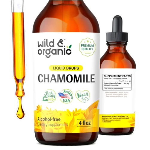 Wild & Organic Chamomile Extract Liquid Drops - Alcohol Free Chamomile Tincture for Relaxation - Two Month Supply - Chamomile Flowers Supplement - Vegan, No Additives - 4 fl oz
