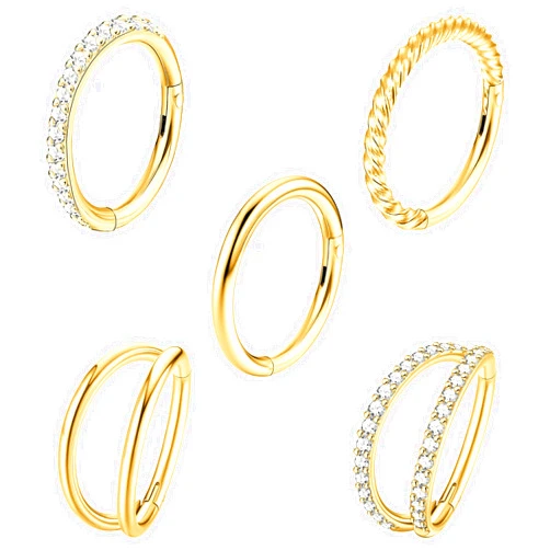 CASSIECA 5Pcs 18G 16G Surgical Steel Nose Rings Hoop for Women CZ Clicker Hinged Septum Ring Lip Helix Cartilage Double Hoop Earring Daith Rook Conch Body Piercing Jewelry for Women 8mm 10mm
