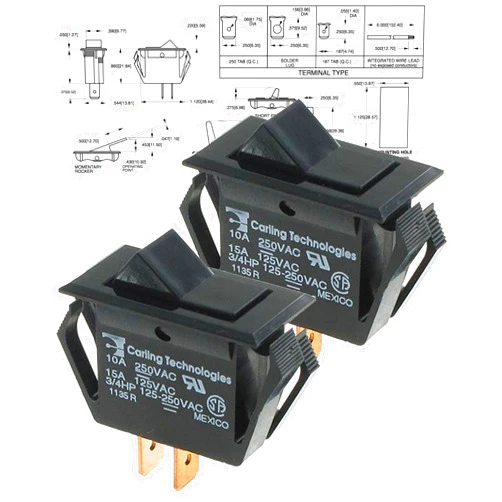 Carling Technologies Rocker Switches TA201-TB-B,(Pack of 2) SPST ON-None-Off BLK