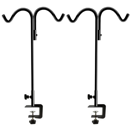 Koutemie 40 Inch Tall Double Deck Hook for Railing, Adjustable Outdoor Shepherds Hook with 2-Inch Strengthened Clamp for Hanging Plant Bird Feeder, 2 Pack