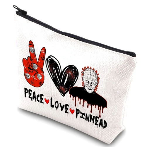 WZMPA Hellraiser Cosmetic Bag Hellraiser Pinhead Fans Gifts Peace Love Pinhead Makeup Zipper Pouch Bag For Friend Family (Peace Pinhead)