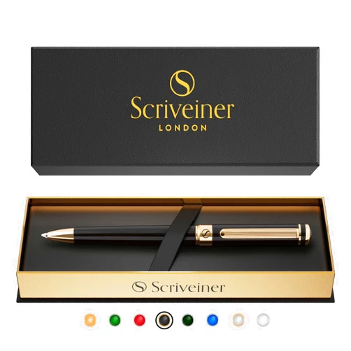 Scriveiner Black Lacquer Ballpoint Pen - Stunning Luxury Pen with 24K Gold Finish, Schmidt Black Refill, Best Ball Pen Gift Set for Men & Women, Professional Executive Office, Nice Fancy Designer Pens