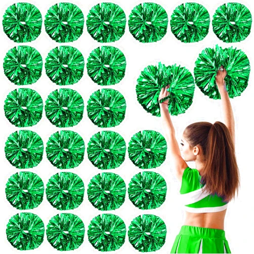 Yunsailing 24 Pack Cheerleading Pom Poms with Baton Handle 14.5 Inch Metallic Cheering Squad Pompoms for Team Sports Football Dance Cheering Adults(Green)