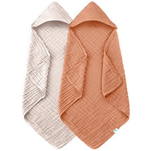SWEET DOLPHIN Muslin Hooded Baby Bath Towels - 2 Pack 100% Cotton Towel for Babies, Infants, Toddlers - 32x32Inch - Highly Absorbent and Newborn Essential, Light Bean Paste
