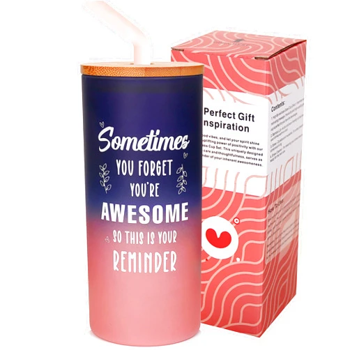 Mason Life Inspirational Gifts for Women, 24OZ Coffee Purple and Pink Glass Tumbler, “Sometimes You Forget You’re Awesome” Idea, Birthday Gifts for Best Friends Female, Glass Cups with Lids and Straws