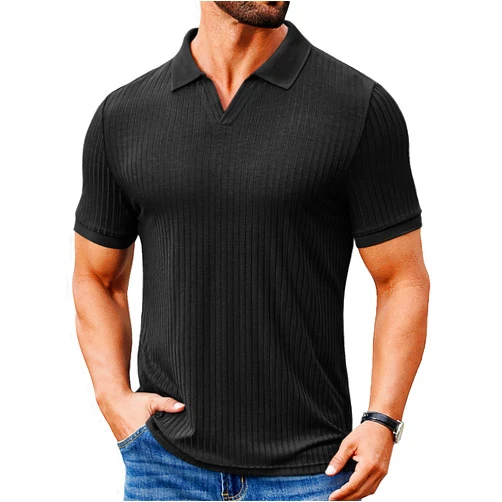 COOFANDY Men's Ribbed Polo Shirts Short Sleeve V Neck Slim Fit Polo T-Shirt Casual Summer Collared Golf Shirt