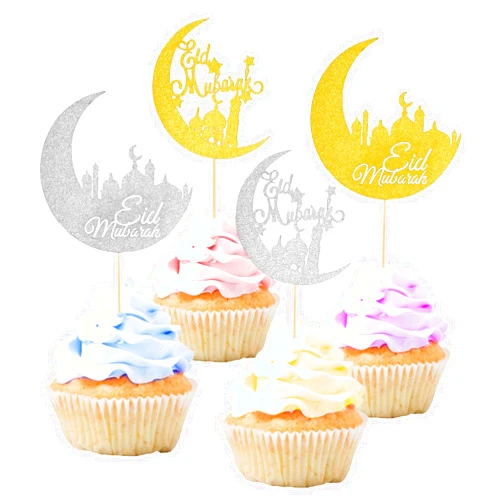 XIHIRCD 24pcs Eid Mubarak Cupcake Toppers, Glitter Gold Silver Ramadan Cupcake Topper Moon Cupcake Picks Kareem Ramadan Cake Decoration for Islamic Muslim Birthday Theme Party Favors Supplies