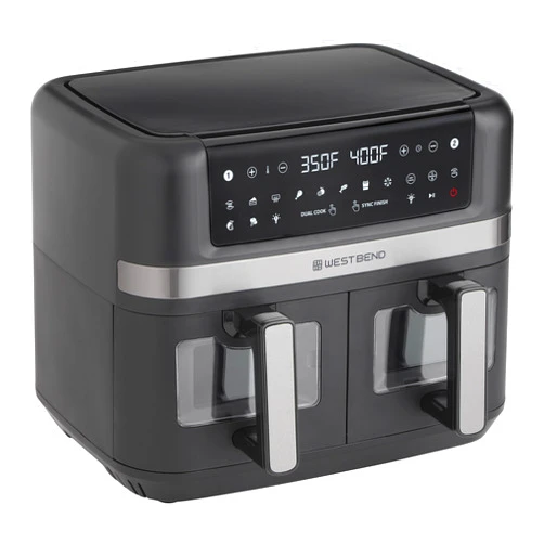 West Bend Air Fryer Dual Basket 10-Quart Capacity with Digital Controls View Windows and 15 Cooking Presets, Nonstick Frying Baskets, Dual Zone Features, 1600-Watts, Black