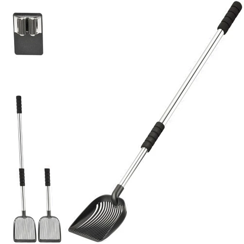 Yangbaga Newest Cat Litter Scoop, Long Handled Metal Litter Scooper with Deep Shovel, Non-Stick Detachable Cat Litter Sifter with Foam Padded Grip, Comes with Litter Scoop Holder