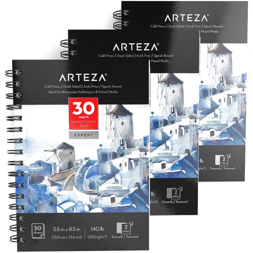 ARTEZA Watercolor Paper, Pack of 3, 30 Sheets Each, 5.5x8.5 Inches Water Pad, Spiral Bound, 140lb/300gsm Cold Press, Acid Free Art Paper