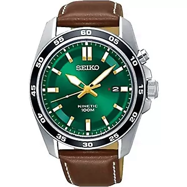 Seiko Men's Stainless Steel Kinetic Watch with Leather Strap, Brown, 22 (Model: SKA791P1)