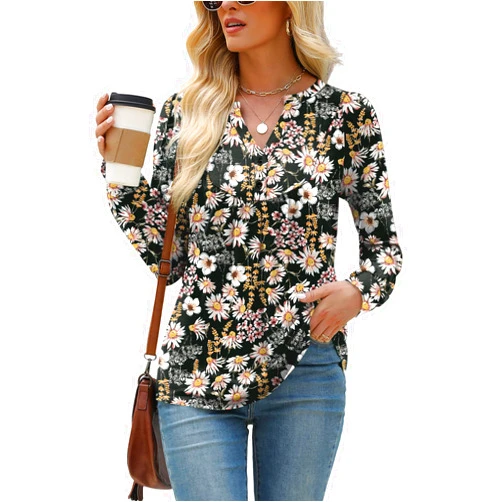 LOMON Long Sleeve Shirts for Women Henley V Neck T-Shirt Dressy Casual Pleated Tops Pullover Tunic Spring Clothes 2025 S-XXL