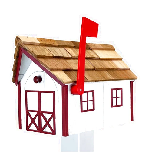 Peaceful Classics Amish Cedar Roof Wooden Mailbox with Window & Door Trim, Mailboxes for Outside, Handcrafted Outside Mailboxes, Post Mount Residential Mailboxes - (White with Burgundy Trim)