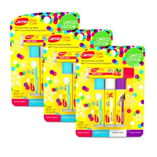 Carmex Daily Care Moisturizing Lip Balm Holiday Sticks, 12 Count (3 Packs of 4)