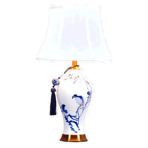 TISTIK Chinese Blue and White Table Lamp Hand Painted Flower Bird Ceramic Bedside Lamp with Fabric Lamp Shade for Bedroom Living Room Office College