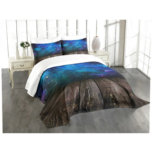 Ambesonne Galaxy Bedspread, Outer Space View from Rustic Wooden Deck Blue Nebula Star Night, Decorative Quilted 3 Piece Coverlet Set with 2 Pillow Shams, Queen Size, Black Blue Brown Purple