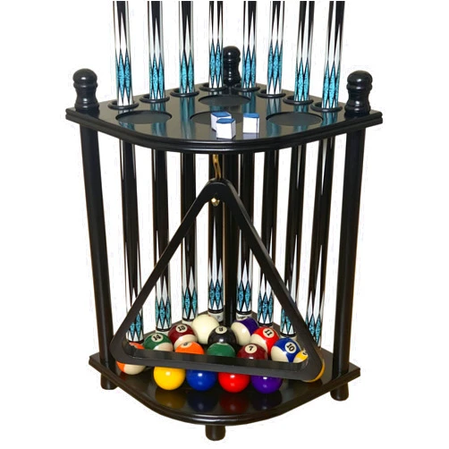 GACCO BILLIARDS Floor Pool Cue Rack Hold 8 Cue Sticks & Billiard Accessories. Corner Stand Pool Cue Holder Made of 100% Solid Hardwood. Provided Ball Rack Hook. CUE RACK ONLY (Black)