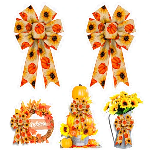 Threetols 2PCS Fall Bows for Wreath , Thanksgiving Harvest Orange Wreath Bows Rustic Farmhouse Bows for Front Door Wall Ornaments Pumpkin Sunflower Decorations Bows for Thanksgiving Home Indoor Outdoor Decor
