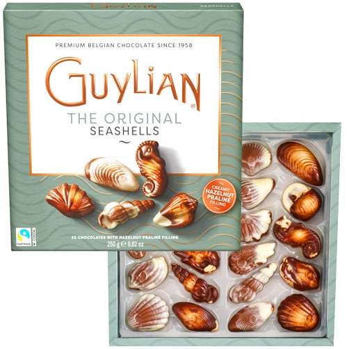 GuyLian Belgian Chocolate Seashells, 22 Gourmet Hazelnut Praline Truffles by GuyLian, Assorted White and Milk Chocolate Candy Gift Box for Women and Men, 250g