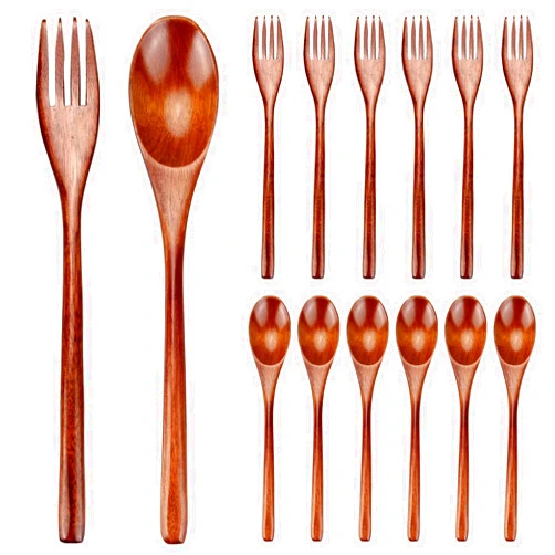Renawe 12 Pieces Wooden Forks and Spoons for Eating Utensil Set Lunch Wooden Cutlery Japanese Silverware Sets Flatware Reusable Bamboo Utensils Korean Wooden Spoon Fork Set