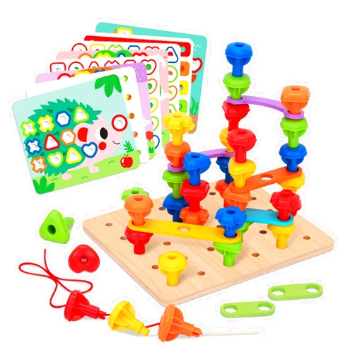TOOKYLAND Peg Board Stacking Toy - 53pcs - Color and Shape Matching Game with Lacing Beads, Learning Sensory Pegboard Set for Kids 3 Years Old +
