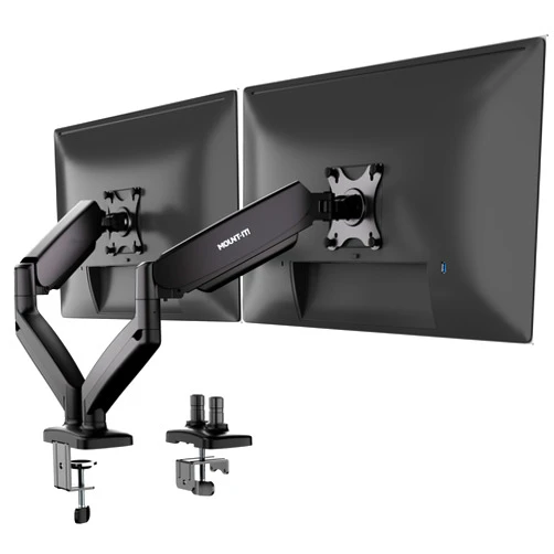 Mount-It! Dual Monitor Desk Mount – Full Motion Gas Spring Arms, Fits 13 to 32 Inch Screens, Holds 17.6 lbs per Arm, Dual Monitor Stand, VESA Mount, C-Clamp & Grommet Base