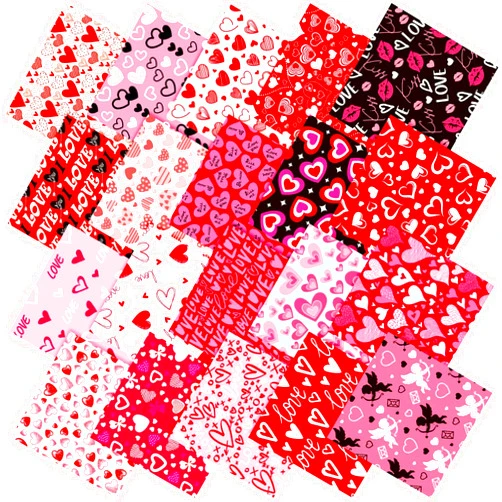 Hahafelt 60 Pcs Valentines 10 x 10 Inch Quilting Fabric Vintage Squares Pink Heart Lip Print Patchwork Precut Strips Fabric Bundles for Holidays DIY Craft Sewing Handmade Material Gifts