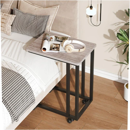 Sweetcrispy C Tables Counch That Slide Under, Bed Side Table Tray Sofa Portable Rolling with Wheels Metal Frame Adjustable Feet, Wood Stand for Living Room Entryway Small Space Bedroom, Grey