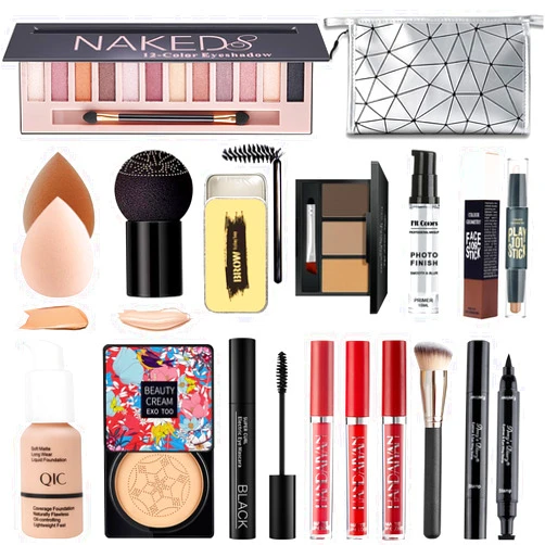 NUIBO All in One Makeup Kit,Includes Naked Eyeshadow,Liquid Foundation,CC Cream,Lipstick Set,Mascara,Makeup Brush,Makeup Sponge,Eyebrow Powder,Eyebrow Soap,Eyeliner Stamp, Primer,Contour Stick,Cosmetic Bag